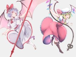Rule 34 | 2girls, ascot, bat wings, black footwear, blonde hair, blue hair, boots, bow, collar, collared dress, commentary, cross-laced footwear, crystal, danboru (jdanboru1182), dress, fang, flandre scarlet, frilled collar, frilled dress, frilled sash, frilled shirt, frilled shirt collar, frilled sleeves, frills, full body, grey background, hat, hat bow, highres, holding, holding weapon, lace-up boots, laevatein, leaning forward, looking at viewer, medium dress, medium hair, mob cap, multiple girls, open mouth, pink dress, pink headwear, pointy ears, puff, puffy short sleeves, puffy sleeves, red ascot, red bow, red dress, red eyes, red footwear, red ribbon, remilia scarlet, ribbon, ribbon trim, sash, shirt, short hair, short sleeves, siblings, simple background, sisters, skin fang, skirt, smile, socks, spear the gungnir, spread legs, spread wings, standing, standing on one leg, touhou, weapon, white headwear, white legwear, wings, yellow ascot