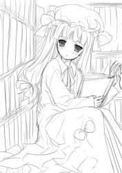 Rule 34 | 1girl, book, bookshelf, crescent, female focus, greyscale, hat, lowres, mob cap, monochrome, open book, patchouli knowledge, reading, shelf, shige, solo, touhou, white background
