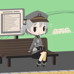 Rule 34 | 1girl, bench, black skirt, blush, chibi, cobalta, grey hair, hat, looking at viewer, open mouth, pleated skirt, rail romanesque, short hair, sitting, skirt, smile, solo, train