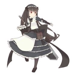 Rule 34 | 1girl, apron, armor, bag, black dress, black hair, dress, female focus, frown, full body, headdress, lolita fashion, long hair, maid, maid apron, mary janes, navel, original, ost, pantyhose, red eyes, ribbon, shoes, simple background, solo, sword, weapon, white background