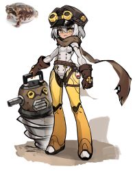 Rule 34 | 1girl, 3:, absurdres, android, belt, breasts, brown belt, brown gloves, brown hat, brown scarf, cabbie hat, clenched hand, closed mouth, commentary request, dark-skinned female, dark skin, desert rain frog, drill, frog, full body, gloves, goggles, goggles on headwear, grey hair, hair between eyes, hat, highres, holding, horizontal pupils, joints, korean commentary, medium hair, o-ring, o-ring thigh strap, original, photo-referenced, photo inset, planted, pointy ears, quokkalee, reference inset, robot joints, scarf, simple background, sketch, small breasts, solo, standing, thigh strap, white background, yellow eyes