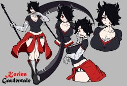 1girl arms_behind_back artist_request bandaged_arm bandages black_hair boots breasts character_name clothes_around_waist full_body grey_background holding holding_weapon kory_gardentale large_breasts muscular muscular_female one_eye_covered open_mouth rageman709 red_eyes scythe sharp_teeth smile stitches sweater sweater_around_waist teeth tongue tongue_out weapon