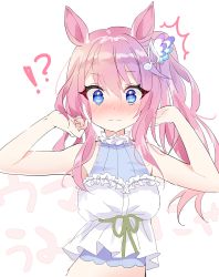 Rule 34 | !?, 1girl, ^^^, animal ears, bare arms, bare shoulders, blue eyes, blue shirt, blush, breasts, chobi (penguin paradise), closed mouth, copyright request, eighth note, fortissimo, green ribbon, hair ornament, hands up, highres, kemonomimi mode, long hair, looking at viewer, musical note, musical note hair ornament, nose blush, pink hair, ribbon, shirt, simple background, sleeveless, sleeveless shirt, small breasts, solo, text background, translation request, virtual youtuber, voice actor, wavy mouth, white background, wing hair ornament