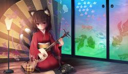 Rule 34 | 1girl, alternate costume, animal ears, animal print, architecture, brown hair, cat ears, cat tail, chen, commentary request, cushion, earrings, east asian architecture, fish print, floral print, goldfish print, instrument, japanese clothes, jewelry, kakigouri, kimono, lamp, looking at viewer, multiple tails, music, playing instrument, red eyes, red kimono, seiza, shamisen, short hair, sitting, sliding doors, smile, solo, tail, touhou, two tails, wide sleeves, wooden floor