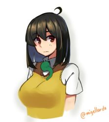 Rule 34 | 1girl, ahoge, blush, breasts, brown eyes, brown hair, closed mouth, collared shirt, extra tongue, female focus, kion-kun, large breasts, light blush, looking at viewer, original, shirt, simple background, solo, sweater, twitter username, upper body, white background, white shirt, wing collar, yellow sweater