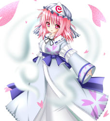 Rule 34 | 1girl, armband, bow, center frills, cherry blossoms, eyes visible through hair, female focus, frills, hands in opposite sleeves, hat, hitodama, japanese clothes, kimono, light smile, looking at viewer, mu-syamu, obi, open hand, outstretched arm, parted lips, pink eyes, pink hair, ribbon, saigyouji yuyuko, sash, short hair, simple background, touhou, triangular headpiece, white background