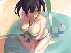 Rule 34 | 10s, 1girl, bikini, black hair, bottle, breasts, cleavage, ere (2516325), green eyes, kantai collection, large breasts, short hair, sitting, solo, souryuu (kancolle), swimsuit, twintails, wariza