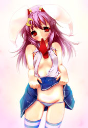 Rule 34 | 1girl, animal ears, bad id, bad pixiv id, clothes lift, female focus, groin, long hair, mouth hold, open clothes, open shirt, panties, purple hair, rabbit ears, red eyes, reisen udongein inaba, scarlet (studioscr), shirt, skirt, skirt lift, solo, striped clothes, striped panties, striped thighhighs, thighhighs, touhou, underwear