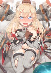 Rule 34 | 10s, 1girl, anchor, armband, bare shoulders, bismarck (kancolle), black panties, blonde hair, blue eyes, blush, breasts, brown gloves, cannon, chain, collarbone, commentary request, cross, damaged, detached sleeves, embarrassed, fang, gloves, grey thighhighs, hat, unworn hat, unworn headwear, highres, iron cross, kantai collection, large breasts, long hair, looking at viewer, machinery, navel, open mouth, panties, repair bucket, smoke, solo, tachimi (basue), thighhighs, torn clothes, torn thighhighs, turret, underwear