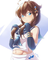 Rule 34 | 1girl, ahoge, alternate hairstyle, arthur ko, blue eyes, blue gloves, breasts, brown hair, cosplay, elbow gloves, gloves, hair flaps, highres, kantai collection, low twintails, midriff, navel, school uniform, serafuku, shigure (kancolle), sleeveless, small breasts, solo, suzukaze (kancolle), suzukaze (kancolle) (cosplay), twintails, upper body
