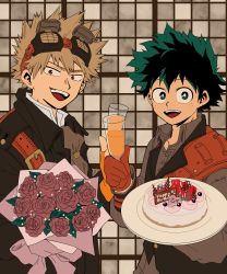 Rule 34 | 2boys, bakugou katsuki, blonde hair, boku no hero academia, bouquet, cake, champagne flute, cup, drinking glass, fingerless gloves, flower, food, freckles, gloves, goggles, goggles on head, green hair, happy birthday, highres, holding, holding bouquet, holding cup, holding plate, looking at viewer, midoriya izuku, multiple boys, necktie, no control, open mouth, orange gloves, plate, red eyes, red gloves, rose, smile, spiked hair, grid background