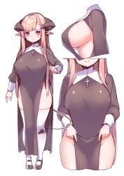 Rule 34 | 1girl, breasts, brown hair, closed mouth, cross, crucifix, demon girl, habit, highres, horns, hsuliherng, large breasts, long hair, long sleeves, looking at viewer, multiple views, nun, pelvic curtain, pink eyes, pointy ears, robe, simple background, smile, standing, tail, thighhighs, very long hair, white background, white thighhighs