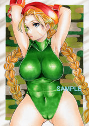 Rule 34 | 1girl, armpits, blonde hair, blue eyes, breasts, cammy white, capcom, fingerless gloves, gloves, gluteal fold, hat, large breasts, leotard, sleeveless, street fighter, yoshidapeso