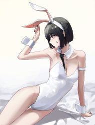 Rule 34 | 1girl, absurdres, animal ears, arm support, bare legs, bare shoulders, black hair, black nails, black necktie, bob cut, breasts, brown eyes, cleavage, closed mouth, commentary, detached collar, facial mark, fake animal ears, hairband, highres, leaning to the side, leotard, mac star, medium breasts, nail polish, necktie, original, playboy bunny, profile, rabbit ears, short hair, simple background, solo, star (symbol), star facial mark, strapless, strapless leotard, white hairband, wrist cuffs