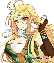 Rule 34 | 1girl, blonde hair, braid, breasts, brown eyes, circlet, earrings, elbow gloves, fingerless gloves, fire emblem, fire emblem: genealogy of the holy war, fire emblem heroes, gloves, hoop earrings, jewelry, large breasts, long hair, looking at viewer, necklace, nintendo, open mouth, ullr (fire emblem), yukia (firstaid0)