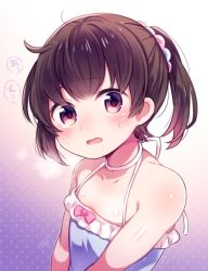 Rule 34 | 1girl, ahoge, bare shoulders, black hair, blush, breasts, collarbone, commentary request, looking at viewer, low ponytail, moe on drop, original, purple eyes, scrunchie, small breasts, solo, translation request, upper body