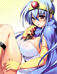 Rule 34 | 1girl, between breasts, blue hair, breasts, chunsoft, circlet, dragon quest, dragon quest iii, elbow gloves, enix, gloves, highres, large breasts, latex, latex gloves, ookami ryousuke, red eyes, sage (dq3), sitting, solo, staff