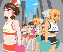 Rule 34 | 6+girls, benikurage (cookie), blonde hair, bow, breasts, brown hair, cheerleader, closed mouth, clothes writing, commentary request, cookie (touhou), cowboy shot, crop top, facial mark, flat chest, frilled hair tubes, frills, full body, hair bow, hair tubes, hakurei reimu, highres, kirisame marisa, large breasts, long hair, looking at viewer, looking up, mars (cookie), midriff, multiple girls, multiple persona, navel, open mouth, parody, pom pom (cheerleading), ponytail, red bow, red eyes, red skirt, ringed eyes, satodesu cookie, scotch (cookie) (style), shirt, short hair, skirt, sleeveless, sleeveless shirt, style parody, tongue, tongue out, touhou, wavy mouth, whisker markings, white bow, white shirt, yellow eyes