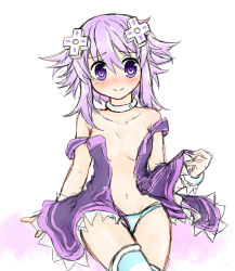 Rule 34 | 10s, 1girl, blue eyes, blush, breasts, d-pad, female focus, hair ornament, hekikuu (kanaderuyume), long hair, looking at viewer, multiple girls, neptune (neptunia), neptune (series), panties, purple eyes, purple hair, sketch, small breasts, smile, solo, striped clothes, striped panties, underwear, undressing, unzipped