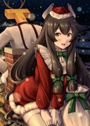 Rule 34 | 1boy, 1girl, anchor necklace, antlers, bag, black hair, blush, bow, chimney, christmas, commentary request, dress, fur trim, gloves, green bow, green eyes, hair bow, hat, highres, horns, i-47 (kancolle), ichikawa feesu, jewelry, kantai collection, long hair, looking at viewer, military, military uniform, necklace, night, night sky, open mouth, red dress, reindeer antlers, santa hat, sidelocks, sitting, sky, snow, snowing, sweat, t-head admiral, thighhighs, uniform, very long hair, wariza, white gloves, white thighhighs