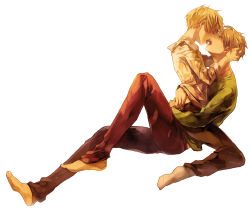 Rule 34 | 2boys, america (hetalia), axis powers hetalia, barefoot, blonde hair, blouse, closed eyes, collared shirt, como (saxe), cosmo (artist), from side, green shirt, half-closed eyes, hand in pants, hand under clothes, imminent kiss, jewelry, male focus, multiple boys, necklace, open mouth, shirt, simple background, sitting, socks, united kingdom (hetalia), white background, yaoi