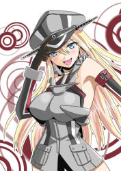 Rule 34 | 10s, 1girl, armpits, bare shoulders, bismarck (kancolle), blonde hair, blue eyes, bottomless, breasts, cowboy shot, cross, elbow gloves, gloves, hand on headwear, hat, iron cross, kantai collection, large breasts, looking at viewer, military, military uniform, nanagami ginji, open mouth, outline, peaked cap, sleeveless, smile, solo, uniform