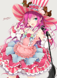 Rule 34 | 10s, 1girl, bare shoulders, blue eyes, blush, detached sleeves, dragon tail, dress, earrings, elizabeth bathory (fate), elizabeth bathory (fate/extra ccc), elizabeth bathory (third ascension) (fate), fate/extra, fate/extra ccc, fate (series), flower, frilled dress, frills, hat, holding, holding microphone, idol, jewelry, long hair, looking at viewer, microphone, multicolored clothes, multicolored dress, multicolored hat, one eye closed, open mouth, pink hair, pink hat, pointy ears, rose, shiina kuro, simple background, solo, striped clothes, striped dress, striped headwear, stuffed animal, stuffed toy, tail, vertical-striped clothes, vertical-striped dress, vertical-striped headwear