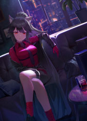 Rule 34 | 1girl, absurdres, animal ears, arknights, black coat, black hair, black necktie, black shorts, box (bagsang59049289), breasts, coat, collared shirt, couch, crossed legs, dress shirt, drink, dutch angle, gloves, highres, indoors, long hair, long sleeves, looking at viewer, medium breasts, necktie, night, off shoulder, official alternate costume, open clothes, open coat, plant, ponytail, potted plant, red eyes, red gloves, red socks, shirt, shorts, socks, solo, texas (arknights), texas (willpower) (arknights), thigh strap, window, wolf ears