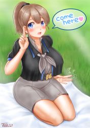 Rule 34 | 1girl, black shirt, blue eyes, breasts, brown hair, commentary request, english text, grass, grey skirt, highres, index finger raised, intrepid (kancolle), kantai collection, lap pillow invitation, large breasts, looking at viewer, multicolored neckwear, neckerchief, pencil skirt, ponytail, shirt, short hair, skirt, solo, ura tomomi