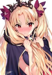 Rule 34 | 1girl, artist name, black cape, blonde hair, blurry, blush, cape, closed mouth, depth of field, detached collar, detached sleeves, earrings, embarrassed, ereshkigal (fate), fate/grand order, fate (series), fur trim, glint, hair ribbon, holding, holding own hair, jewelry, long hair, long sleeves, looking at viewer, mataro (matarou), nose blush, purple ribbon, red eyes, ribbon, signature, simple background, single sleeve, skull, solo, tiara, tohsaka rin, two side up, upper body, v-shaped eyebrows, white background