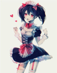 Rule 34 | 10s, 1girl, black hair, blurry, bow, choker, dress, frilled choker, frilled dress, frills, garter straps, hair bow, heart, lace-up top, looking at viewer, love live!, love live! school idol project, maid, maid headdress, mogyutto &quot;love&quot; de sekkin chuu!, neck ribbon, open mouth, puffy sleeves, red eyes, ribbon, short sleeves, simple background, smile, solo, spot color, standing, thighhighs, two side up, white background, white thighhighs, wrist cuffs, yazawa nico, yumepon