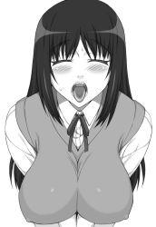 Rule 34 | 1girl, blush, breasts, closed eyes, covered erect nipples, greyscale, highres, kurusugawa ayaka, large breasts, long hair, long sleeves, monochrome, open mouth, oral invitation, school uniform, sexually suggestive, shichimenchou, solo, sweater vest, to heart, to heart (series), tongue, tongue out, upper body
