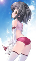Rule 34 | 10s, 1girl, ass, back, blush, brown eyes, brown hair, buruma, cloud, cloudy sky, commentary request, cowboy shot, crop top, day, detached sleeves, from behind, graphite (medium), highres, kantai collection, kuzuryuu kennosuke, looking at viewer, looking back, midriff, nagara (kancolle), one side up, outdoors, parted lips, red buruma, shirt, short hair, single vertical stripe, skindentation, sky, solo, sparkle, standing, sun, sweat, thighhighs, thighs, traditional media, white shirt, white thighhighs, wide sleeves