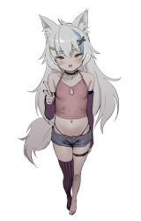 Rule 34 | 1girl, :d, animal ears, as109, bare shoulders, barefoot, black nails, black panties, blue hair, blush, breasts, brown eyes, collar, denim, denim shorts, detached sleeves, female focus, full body, grey hair, hair ornament, highres, long hair, looking at viewer, md5 mismatch, midriff, navel, open mouth, original, panties, revision, short shorts, shorts, simple background, single thighhigh, small breasts, smile, solo, standing, striped clothes, striped thighhighs, tail, tank top, teeth, thighhighs, thong, underwear, vertical-striped clothes, vertical-striped thighhighs, virtual youtuber, white background, wolf ears, wolf tail