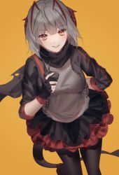 Rule 34 | 1girl, ahoge, arknights, bad id, bad pixiv id, black gloves, black jacket, black pantyhose, black scarf, black skirt, breasts, chinese commentary, commentary, cowboy shot, demon horns, eyelashes, fingerless gloves, gloves, grey shirt, grin, highres, horns, jacket, kuiqiu kq, lips, looking at viewer, medium breasts, miniskirt, multicolored hair, nail polish, open clothes, open jacket, orange background, orange eyes, pantyhose, red hair, red nails, scarf, shirt, short hair, silver hair, simple background, skirt, smile, solo, streaked hair, torn clothes, torn scarf, two-tone hair, w (arknights)