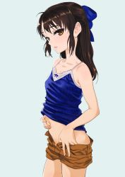 Rule 34 | 1girl, bare shoulders, black hair, blue bow, blush, bow, brown eyes, camisole, clothes pull, collarbone, commentary request, cowboy shot, hair bow, half updo, highres, idolmaster, idolmaster cinderella girls, long hair, looking at viewer, navel, nekoi mie, parted lips, pulled by self, short shorts, shorts, shorts pull, simple background, solo, sweat, tachibana arisu