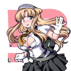 Rule 34 | !?, 1girl, 547th sy, text background, black skirt, black vest, blonde hair, blue eyes, breasts, bursting breasts, cleavage, commentary request, cosplay, cowboy shot, double bun, dress shirt, fletcher (kancolle), flying button, gloves, hair bun, hairband, highres, kantai collection, large breasts, long hair, neckerchief, nowaki (kancolle), nowaki (kancolle) (cosplay), pleated skirt, popped button, shirt, skirt, solo, trait connection, two-tone background, vest, white background, white gloves, white shirt, yellow neckerchief
