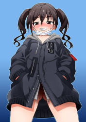 Rule 34 | 1girl, akou roushi, black jacket, blush, bottomless, brown eyes, brown hair, coat, collarbone, commentary request, drawstring, exhibitionism, from below, gluteal fold, hair between eyes, hands in pockets, hood, hood down, hooded jacket, idolmaster, idolmaster cinderella girls, jacket, long hair, long sleeves, looking at viewer, looking down, mask, mask pull, mole, mole under eye, mouth mask, naked coat, public indecency, sharp teeth, simple background, solo, standing, sunazuka akira, surgical mask, teeth, thigh gap, twintails, zipper pull tab