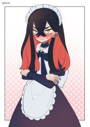 Rule 34 | 1girl, apron, black dress, black hair, blue bow, blue choker, blush, border, bow, carmine (pokemon), choker, closed mouth, colored inner hair, commentary request, creatures (company), crossed arms, crossed bangs, dress, frown, game freak, gradient background, highres, maid apron, maid headdress, mitisu u, multicolored hair, nintendo, outside border, pokemon, pokemon sv, polka dot, polka dot background, red background, red hair, signature, solo, sweat, two-tone hair, v-shaped eyebrows, white border, yellow eyes