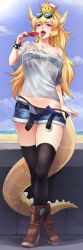 Rule 34 | 1girl, belt, bikini, black belt, black bikini, black thighhighs, blonde hair, blue eyes, boots, bowsette, bracelet, breasts, brown footwear, collarbone, commentary, commission, crossed legs, crown, dakimakura (medium), day, denim, denim shorts, english commentary, eyewear on head, fang, food, full body, fur-trimmed shorts, fur trim, high heel boots, high heels, highres, horns, jewelry, large breasts, long hair, mario (series), maritan (pixelmaritan), monster girl, navel, new super mario bros. u deluxe, nintendo, open belt, open fly, open mouth, outdoors, pointy ears, popsicle, see-through, shirt, short shorts, shorts, solo, spiked bracelet, spiked tail, spikes, sunglasses, super crown, sweat, swimsuit, tail, thighhighs, tongue, tongue out, unbuckled, unzipped, watson cross, white shirt