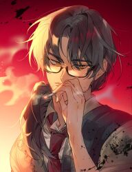 Rule 34 | 1boy, brown eyes, brown hair, cigarette, galbi nyam, gregor (project moon), highres, limbus company, looking at viewer, male focus, necktie, project moon, rectangular eyewear, red background, red necktie, short hair, smoking, solo focus