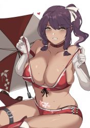 Rule 34 | 1girl, asymmetrical footwear, bad id, bikini, bikini pull, boots, breasts, choker, clothes pull, dark skin, elbow gloves, female focus, girls&#039; frontline, gloves, hair ribbon, large breasts, looking at viewer, lowres, mismatched footwear, official alternate costume, ponytail, pubic tattoo, purple hair, ribbon, saiga-12 (girls&#039; frontline), shah, short shorts, shorts, simple background, sitting, smile, source request, swimsuit, tagme, tattoo, thigh boots, thigh strap, thong, umbrella, white background, yellow eyes