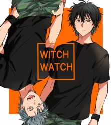 Rule 34 | 1boy, :d, black hair, black shirt, camouflage, camouflage pants, copyright name, dual persona, grey hair, highres, hinata (ryohinata), jewelry, magami keigo, multiple views, open mouth, orange background, pants, ring, shirt, short sleeves, smile, witch watch, wristband, yellow eyes