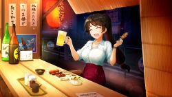 Rule 34 | 1girl, ^ ^, beer mug, black hair, bottle, breasts, closed eyes, collared shirt, cup, dolphin wave, food, game cg, highres, holding, holding cup, holding food, lantern, large breasts, long hair, low-tied long hair, mole, mole under mouth, mug, official art, open mouth, ponytail, red skirt, sake bottle, shirt, skirt, solo, white shirt, yakitori, yamaba yume