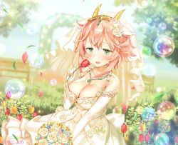 Rule 34 | 1girl, :d, arch, bare shoulders, bench, blurry, blurry background, blush, bouquet, breasts, bridal gauntlets, bridal veil, bubble, cleavage, day, dress, ebisque, floral arch, flower, gloves, grass, green eyes, highres, holding, holding flower, horns, jewelry, large breasts, medium hair, necklace, official art, open mouth, outdoors, pink hair, red carpet, sitting, smile, solo, tulip, veil, wedding dress, white gloves