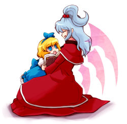 Rule 34 | 2girls, :o, alice margatroid, alice margatroid (pc-98), blonde hair, blue bow, blue eyes, blue hairband, blue skirt, book, bow, capelet, child, dress, female focus, hair bobbles, hair ornament, hairband, kty (04), kty (pixiv), long sleeves, medium hair, multiple girls, multiple wings, mystic square, open book, puffy short sleeves, puffy sleeves, red dress, sash, shinki (touhou), short hair, short sleeves, side ponytail, silver hair, sitting, skirt, skirt set, teeth, touhou, touhou (pc-98), white background, wings