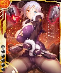 Rule 34 | 1girl, aina winchester, blue eyes, breasts, cameltoe, card (ex-orange), card (medium), cleavage, crotch, dual wielding, gun, handgun, heterochromia, holding, large breasts, lilith-soft, looking at viewer, pantyhose, pistol, potion (moudamepo), red eyes, short hair, silver hair, skindentation, solo, spread legs, taimanin (series), taimanin asagi battle arena all card gallery, taimanin asagi kessen arena, thighband pantyhose, thighs, weapon