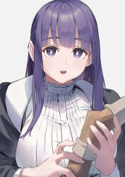 Rule 34 | 1girl, absurdres, black coat, coat, fern (sousou no frieren), highres, holding, holding staff, long hair, looking at viewer, naka1379, open mouth, purple eyes, purple hair, shirt, simple background, solo, sousou no frieren, staff, white background, white shirt