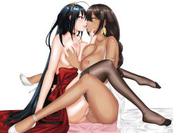 Rule 34 | 2girls, ahoge, armlet, azur lane, backless dress, backless outfit, black hair, braid, breasts, choker, cocktail dress, dark-skinned female, dark skin, dress, evening gown, feathers, french kiss, full body, hair between eyes, interracial, kiss, large breasts, multiple girls, native american, nipples, official alternate costume, pantyhose, pussy, pussy juice, red choker, red dress, red eyes, south dakota (azur lane), south dakota (solo concert) (azur lane), taihou (azur lane), taihou (forbidden feast) (azur lane), tan, thighhighs, thighs, uncensored, user vycn5788, white background, yellow eyes, yuri