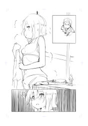Rule 34 | bathroom, blush, bra, embarrassed, giant, giantess, highres, mini person, miniboy, monochrome, noneto, size difference, sketch, surprised, towel, underwear